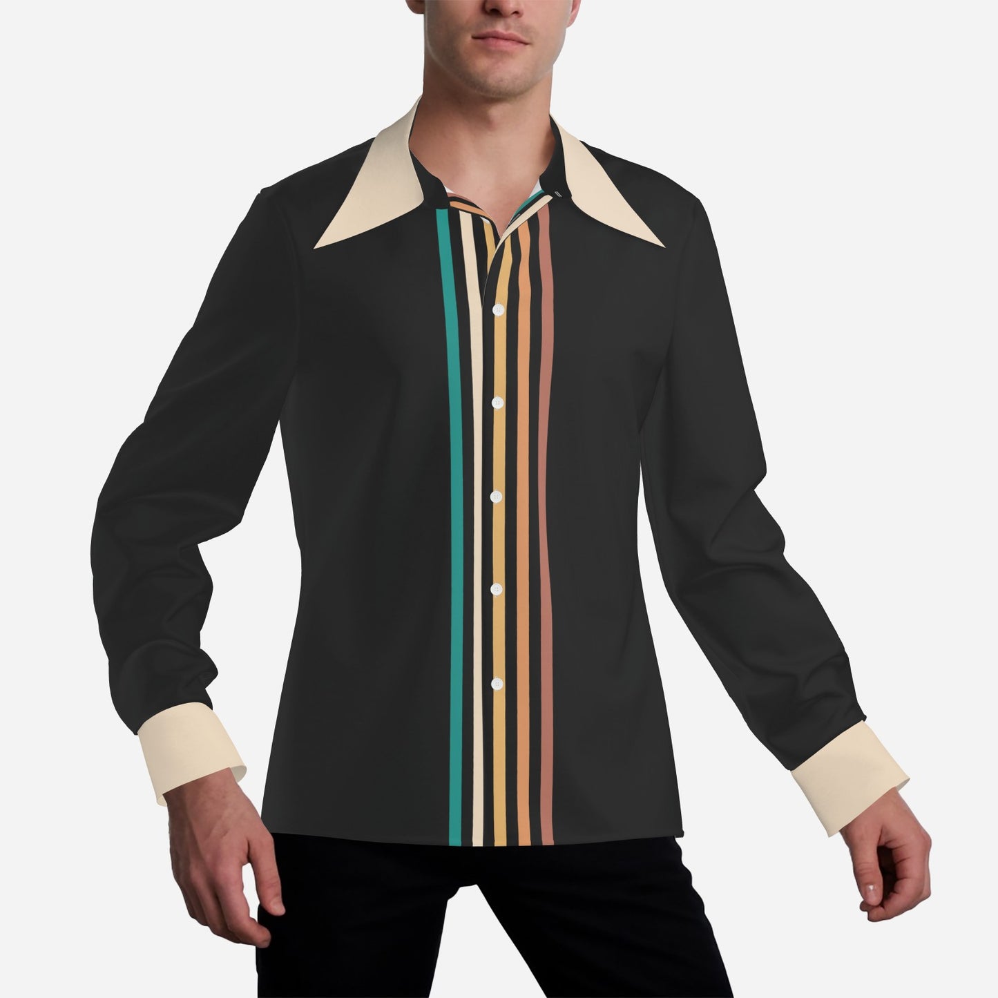 70s Style Shirt Men, 70s Wing Collar Shirt, 70s Hippie Shirt, Brown Stripe Shirt, Boho Shirt Men