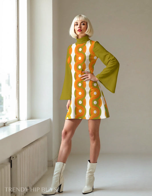 Women's 70s Olive Green Bell Sleeve Dress | Retro Geometric Orange Green Tent Dress | 70s Turtleneck Mini Dress