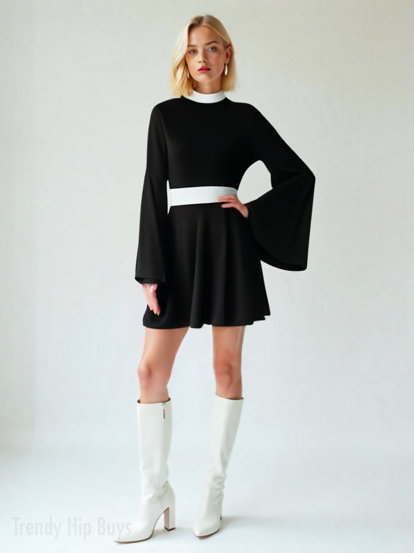 70s Dress Style | Vintage 70s Chiffon Dresses | Retro Black and White Bell Sleeve Dress | A-Line 70s Mini Dresses