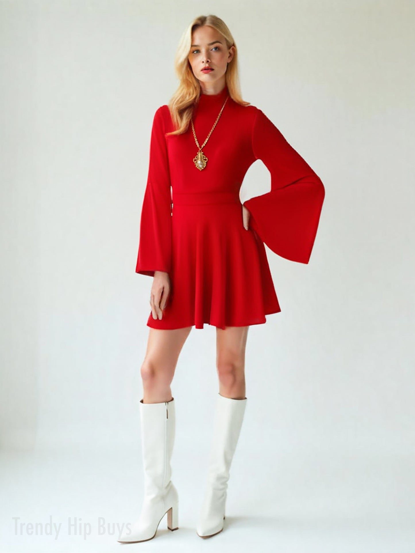 Retro Semi-Sheer Red Chiffon 70s Dress | Bell Sleeve Mini Disco Dress | Red Turtleneck Party Dress | Red 70s Inspired Dress
