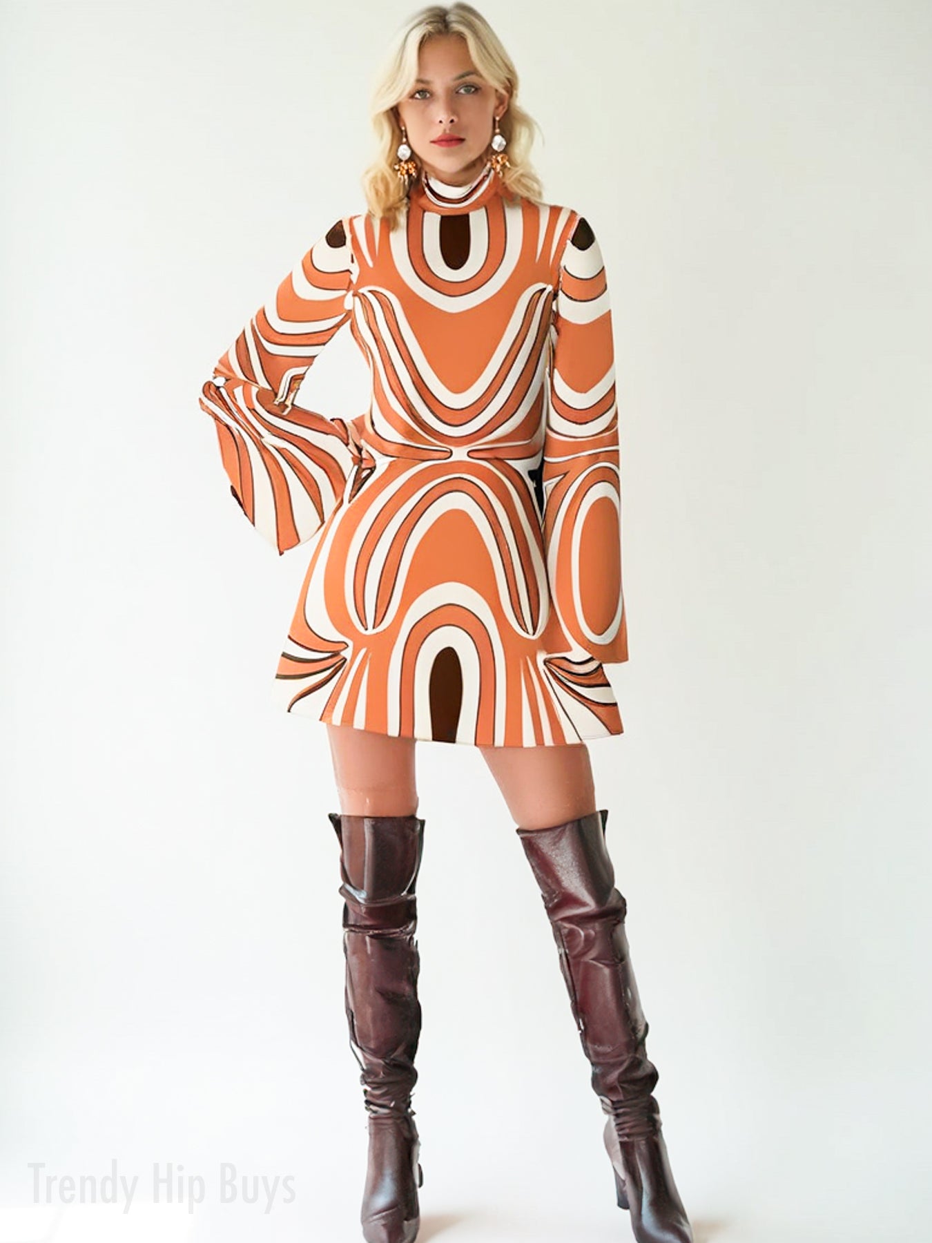 groovy long sleeve dress 70s Vintage Groovy Maxi Abstract Pattern Long Sleeve MOD Statement Dress/ Fitted/ Party/ Multicolour/ Bold/ Funky/ Slinky/ Size S