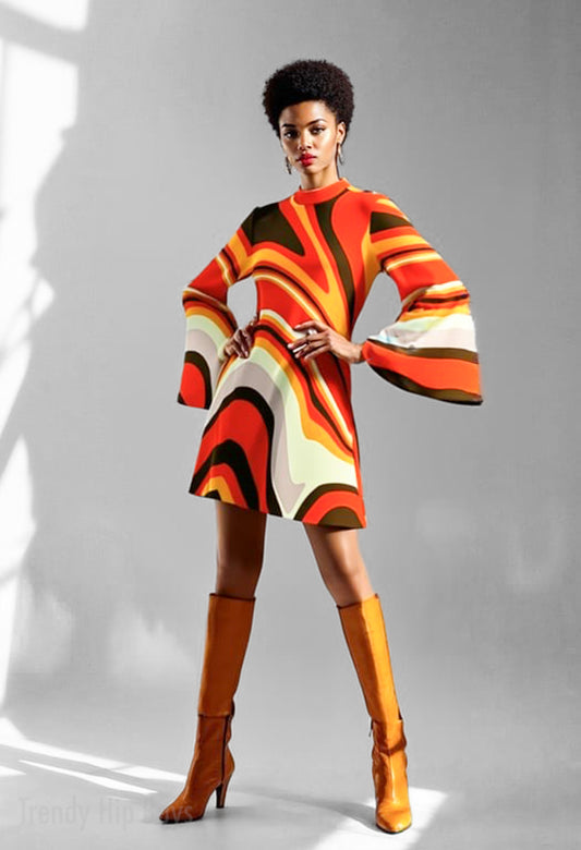 70s Dress Style, Boho Bell Sleeve Dress, 70s Dress Style, Orange Dress, Disco Dress, ChiffonTent Dress