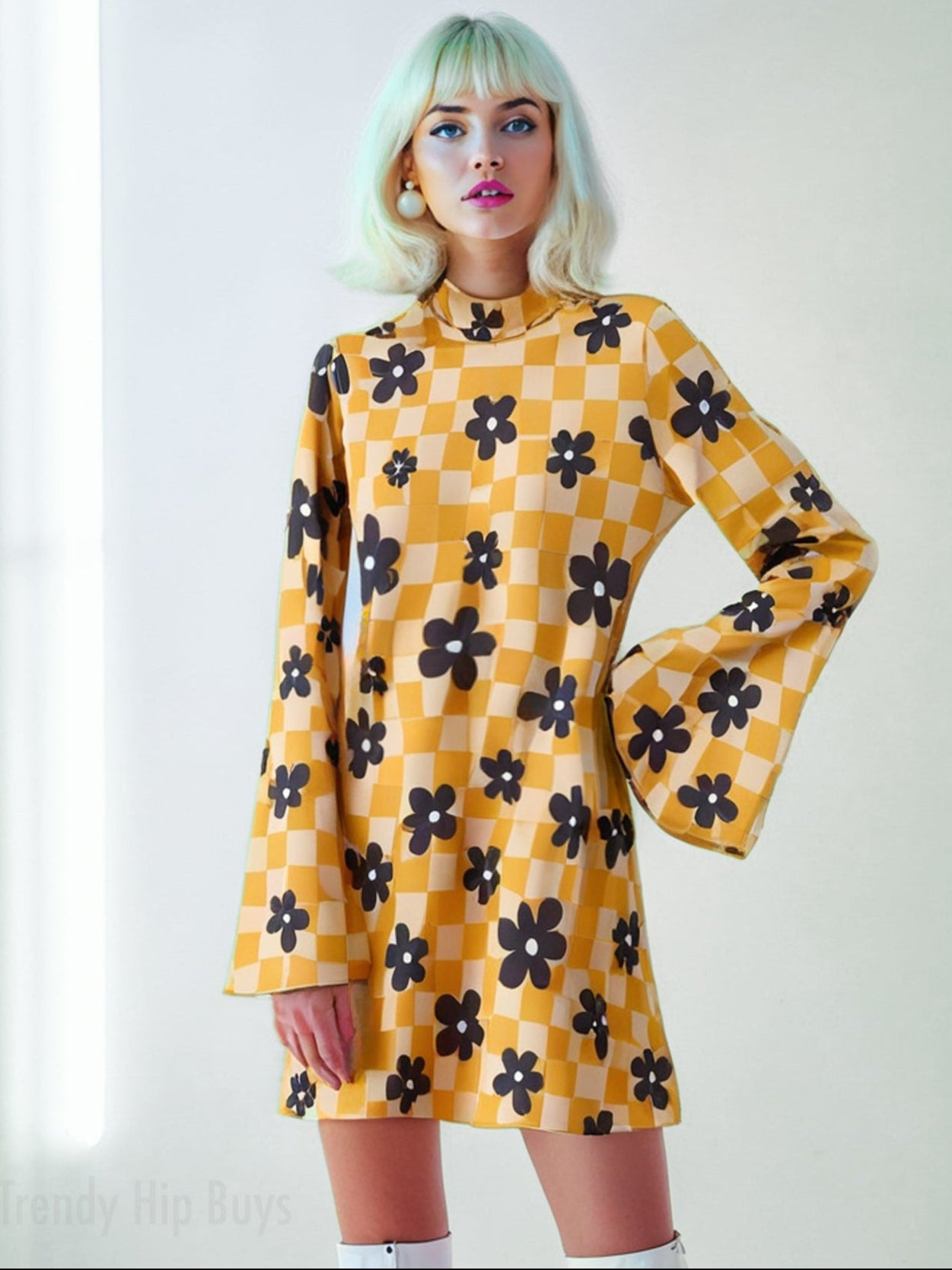 disco dress, bell sleeve dress, checker dress