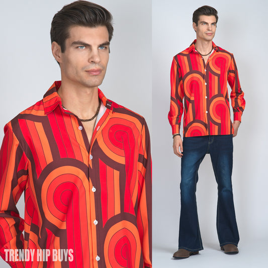 70s Clothing Men, Retro Shirt, 60s 70s Shirt Men, Men's 70s Style Shirt, Orange Brown Groovy Shirt Men, Hippie Shirt, 70s top men