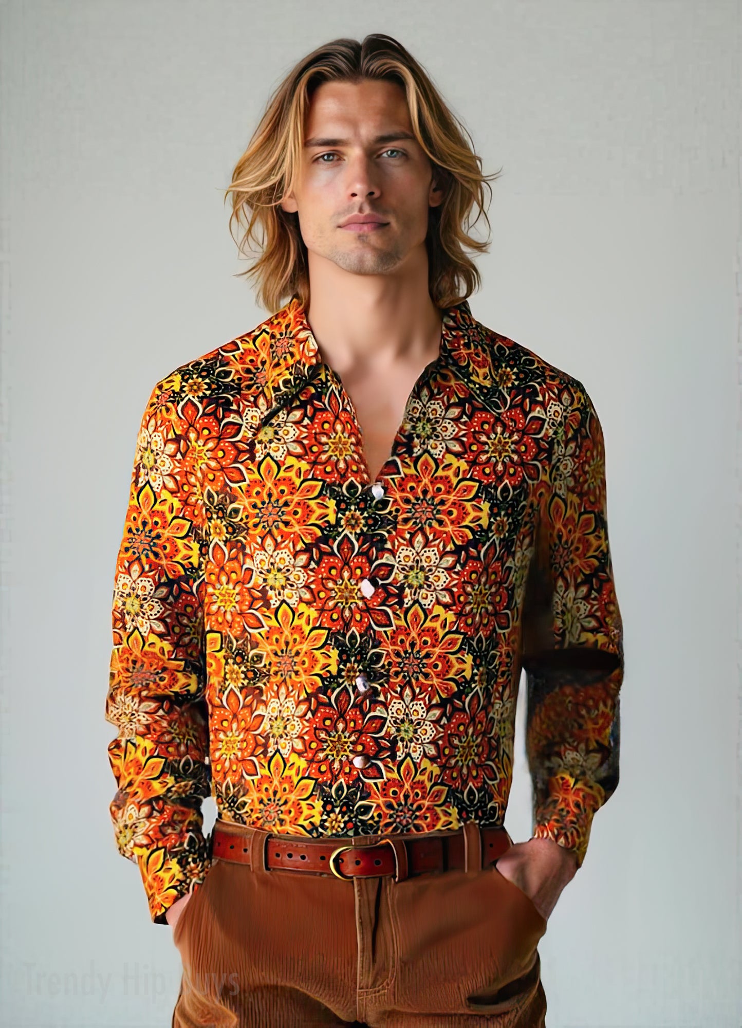 70s Style Shirt, Retro 70s Men's Shirt | Orange Hippie Boho Shirt | Wing Collar Disco Top