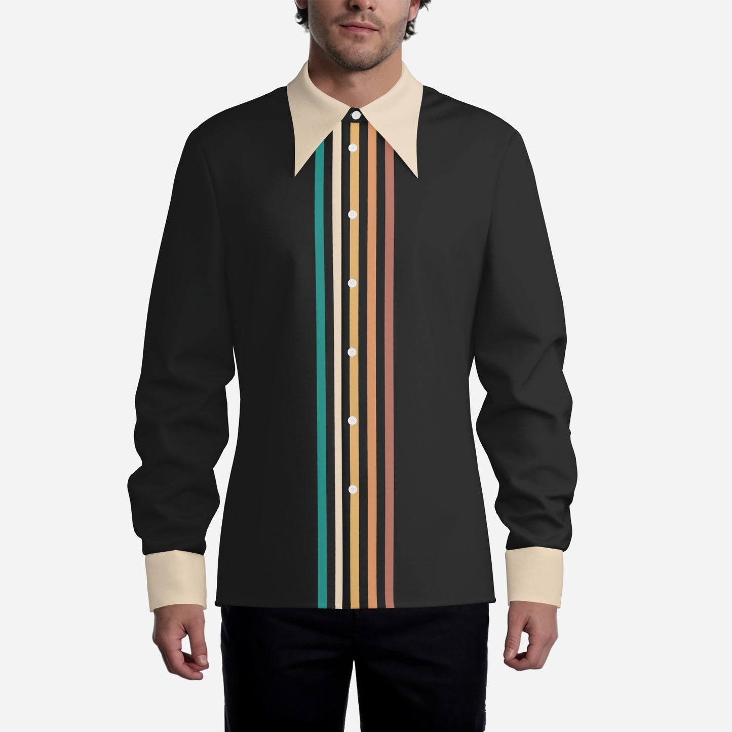 70s Style Shirt Men, 70s Wing Collar Shirt, 70s Hippie Shirt, Brown Stripe Shirt, Boho Shirt Men