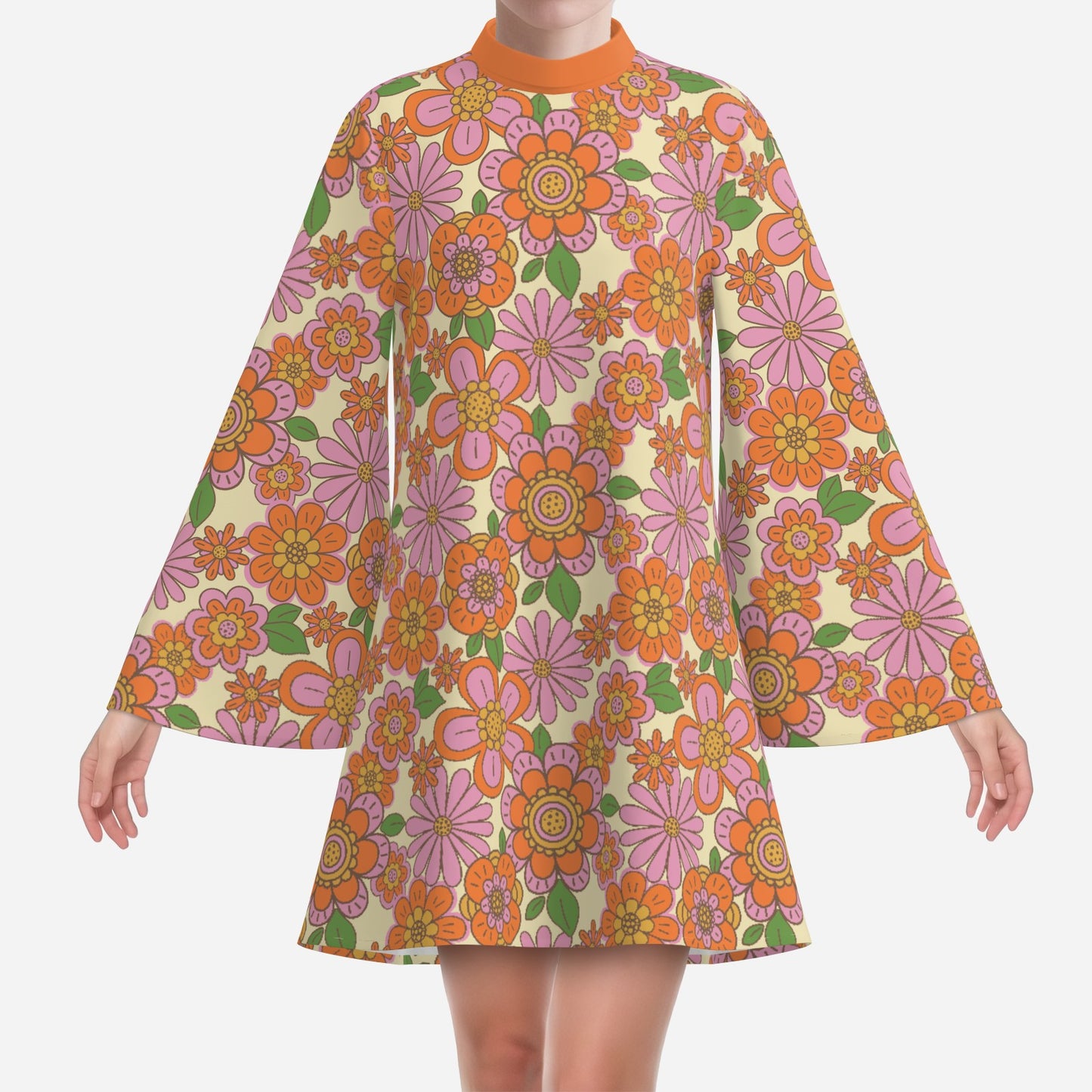 70s Dress Style | Retro Bell Sleeve Dress | Multicolor Orange Floral Tent Dress | Vintage 70s Disco Dress with Turtle Neck