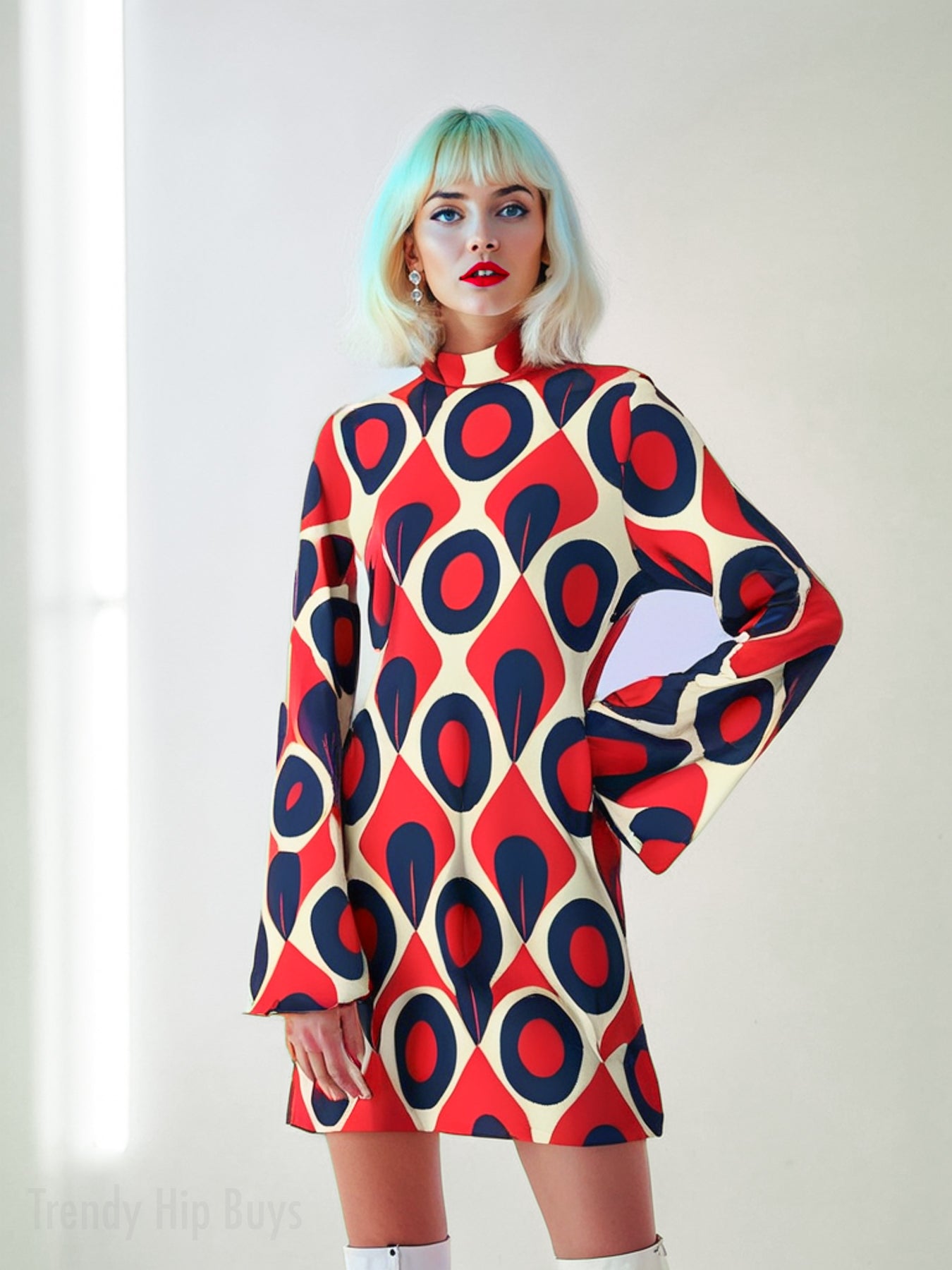 Disco 70s Style Dress | Turtleneck Mod Dress | Retro Red Black Op Art Chiffon Tent Mini Dress