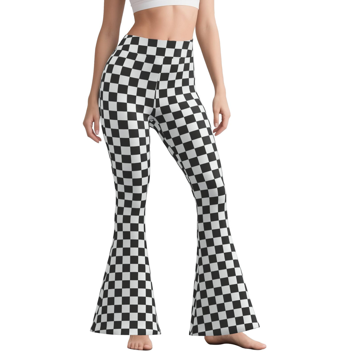 Retro 70s Checker Bell Bottom Pants | Black and White Wide Leg Yoga Pants | Vintage Flare Leggings