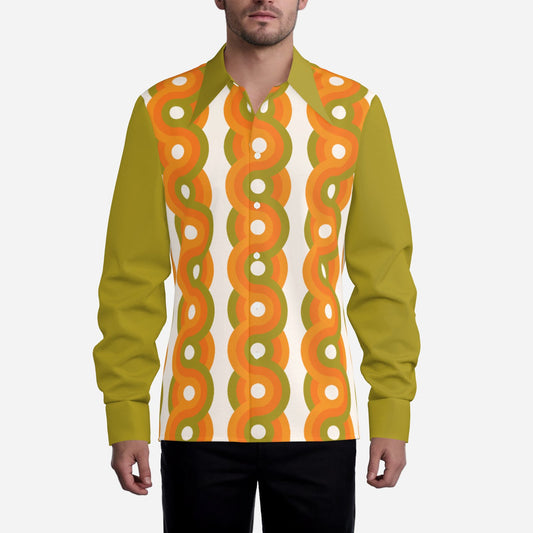 Men’s 70s Style Shirt | Olive Green Orange Geometric Dagger Collar Shirt | Retro Disco Shirt