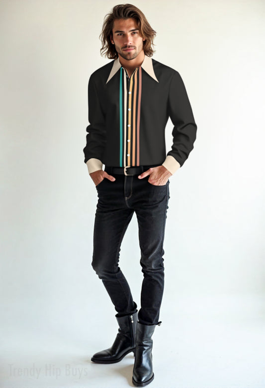 70s Style Shirt Men, 70s Wing Collar Shirt, 70s Hippie Shirt, Brown Stripe Shirt, Boho Shirt Men