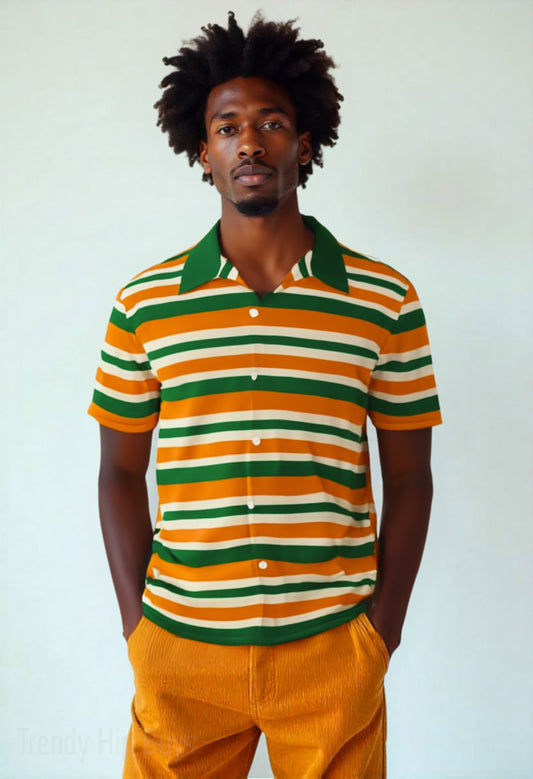 Man wearing a striped shirt and yellow pants against a white background