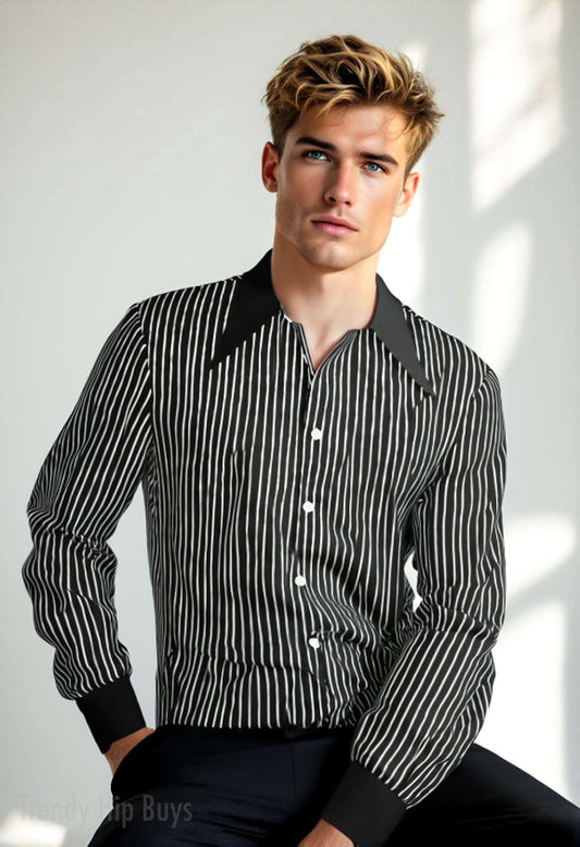 Men’s 70s Style Shirt | Black Pinstripe Shirt | Wing Collar Shirt | Black Disco Shirt