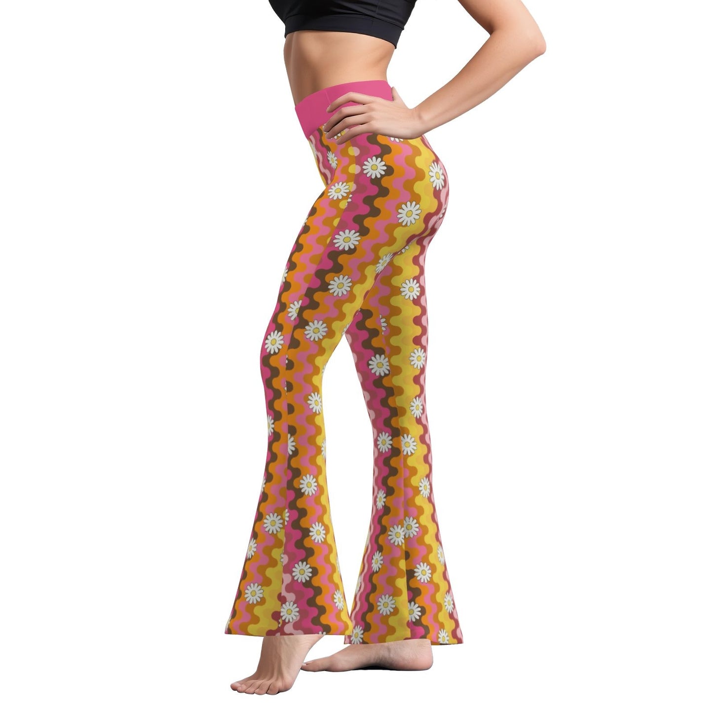 70s Pants Style | Pink Bell Bottom Pants Retro Hippie Wide Leg Yoga Pants | Floral Stripe Flare Leggings Women