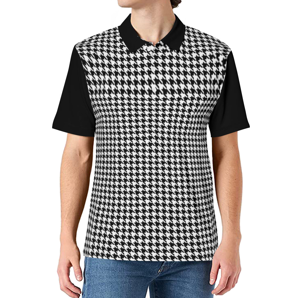 Houndstooth Shirt Men, Black Houndstooth Polo Shirt Men, Retro Polo Shirt, Vintage Style Polo Shirt, 60s Shirt Style, 60s Top Men