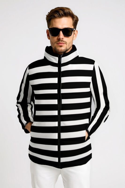 Unisex Black Stripe Puffer Jacket | Black and White Stripe Winter Jacket | Retro Stripe Cotton Filled Puffer Coat