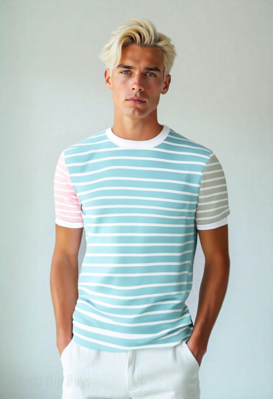 Men’s 80s Retro T-Shirt | Pastel Colorblock Stripe Tee | Vintage Style Cotton Graphic T-Shirt