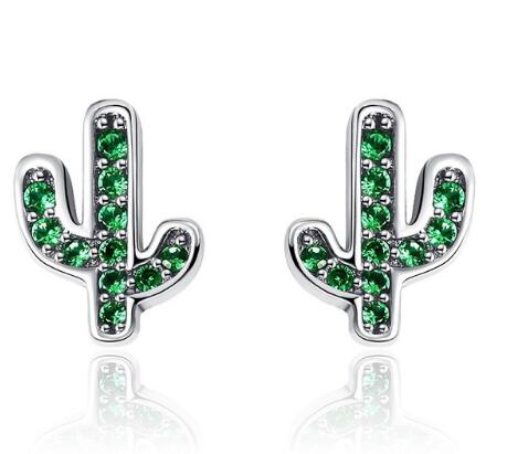 925 Sterling Silver Green Cactus Stud Earrings, Green Crystal Stud Earrings, Plant Earrings