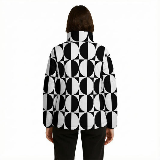 Unisex Op Art Puffer Jacket | Black & White Geometric Winter Jacket | Cotton Filled Retro Puffer Coat