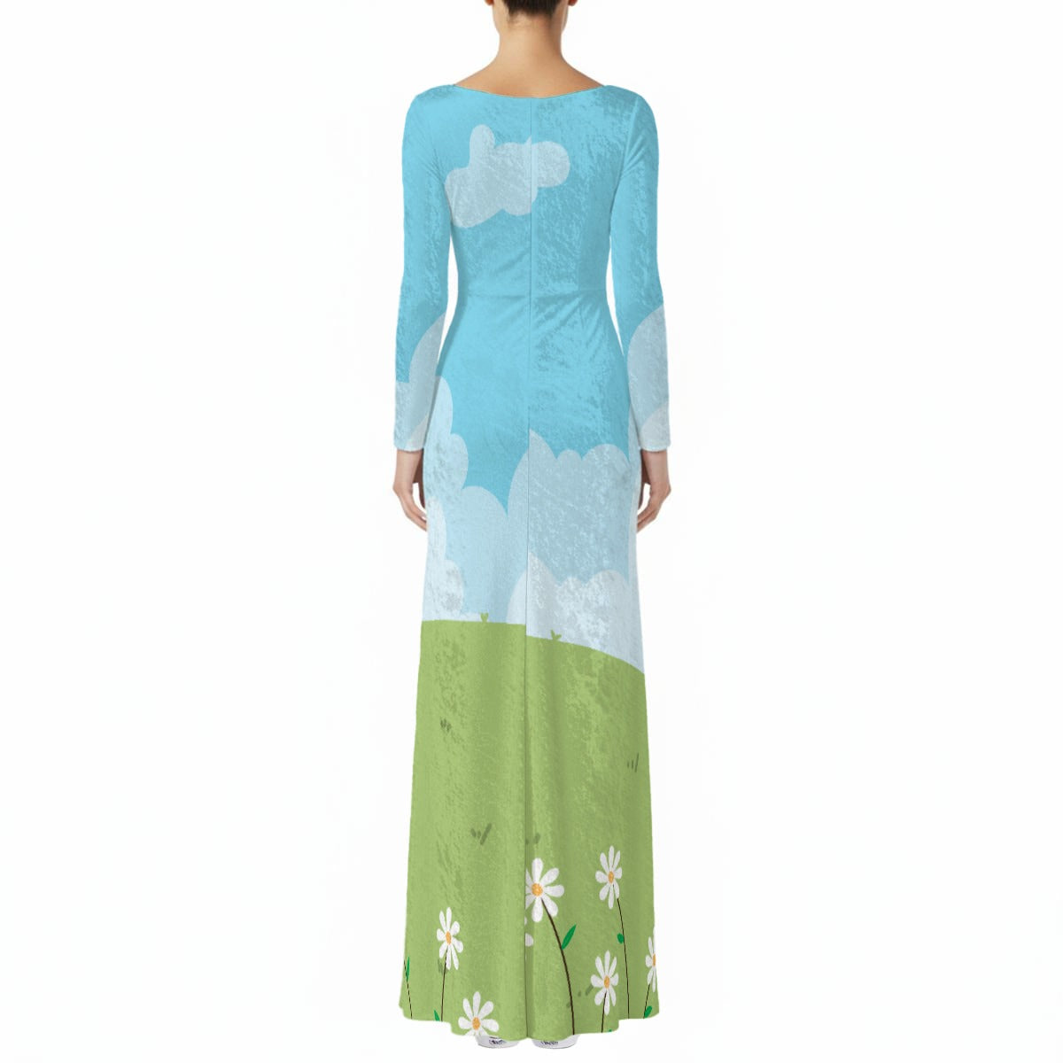 Blue Green Floral Maxi Dress | Kawaii Velvet Maxi Dress with Pockets | Artistic 70s Style Long Sleeve A-Line Maxi Dress