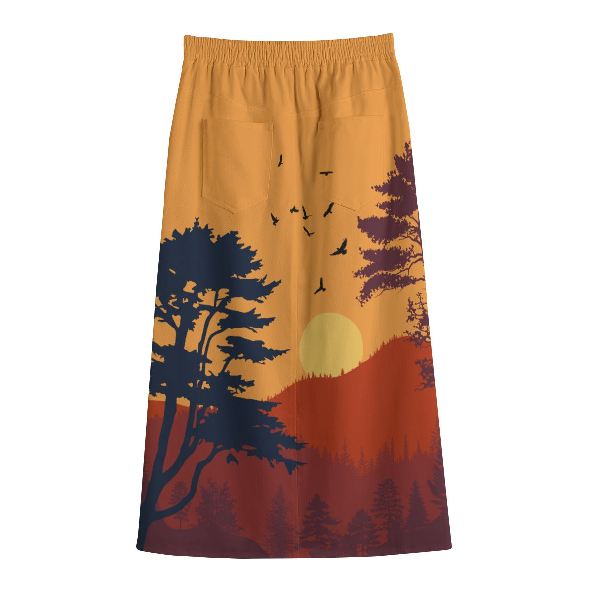 Unique Canvas Cotton A-Line Midi Skirt │ Artistic Sunset Skirt with Warm Tones
