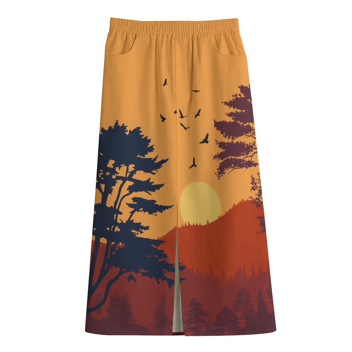 Unique Canvas Cotton A-Line Midi Skirt │ Artistic Sunset Skirt with Warm Tones