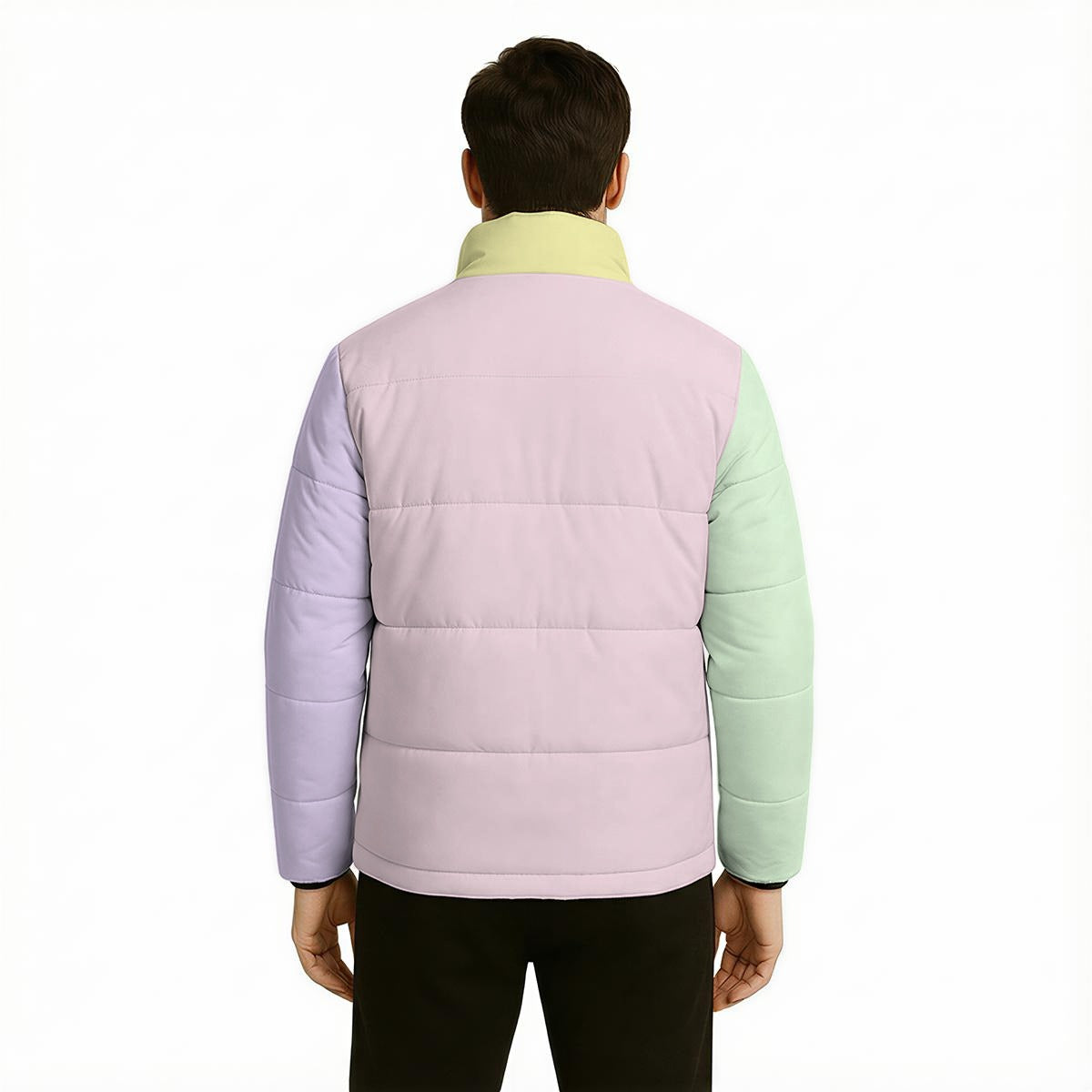 Unisex Pastel Color Block Puffer Jacket | Pink Green Lavender Winter Jacket | Cotton Filled Retro Puffer Coat