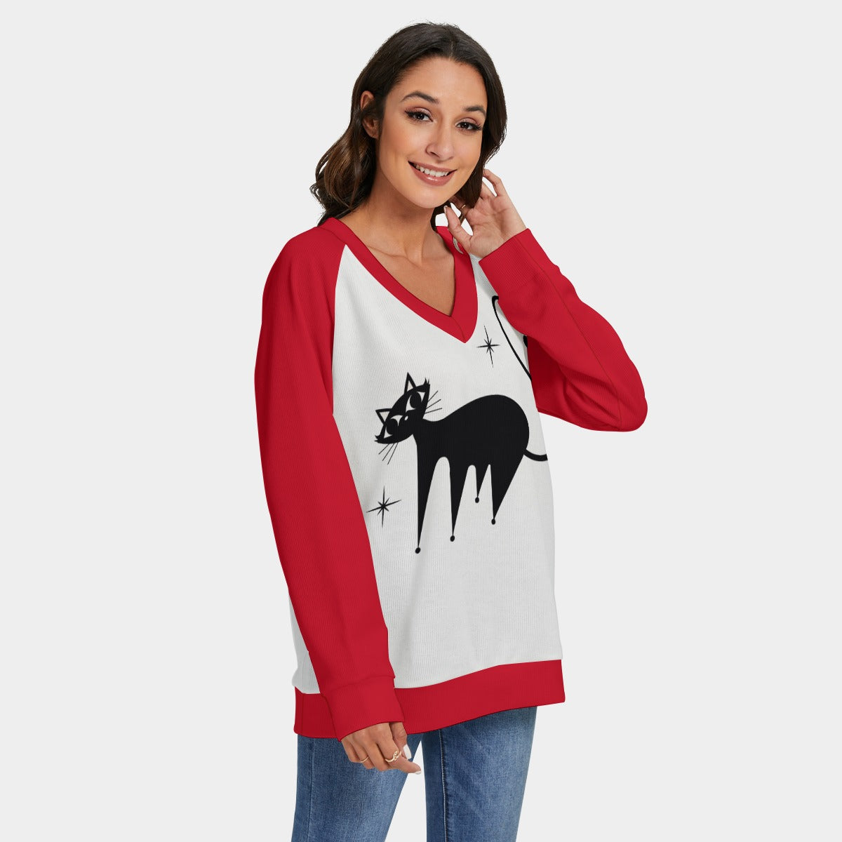 Women's Retro Cat Sweater | 50s Red Cat Print Knit Sweater | Vintage Cat Lover Pullover