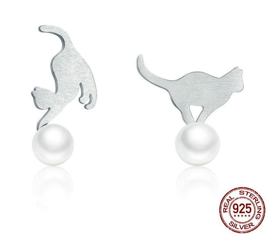 Cat Earrings, 925 Sterling Silver Naughty Cat earrings, Animal Earrings, Cat Pearl Earrings