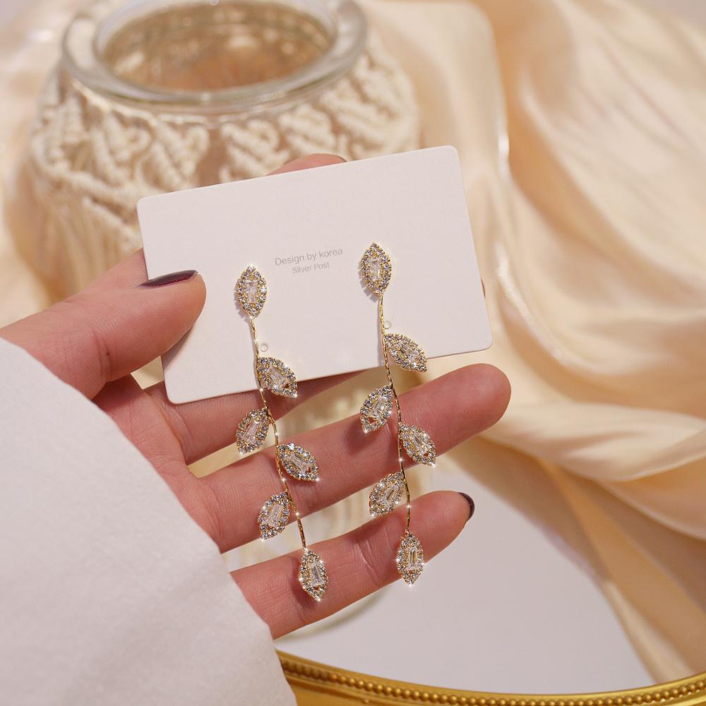 14K Real Gold Plated Leaves Earring, Leaf Dangle Earrings, Wedding Earrings, cubic zirconia (CZ) stones Earrings
