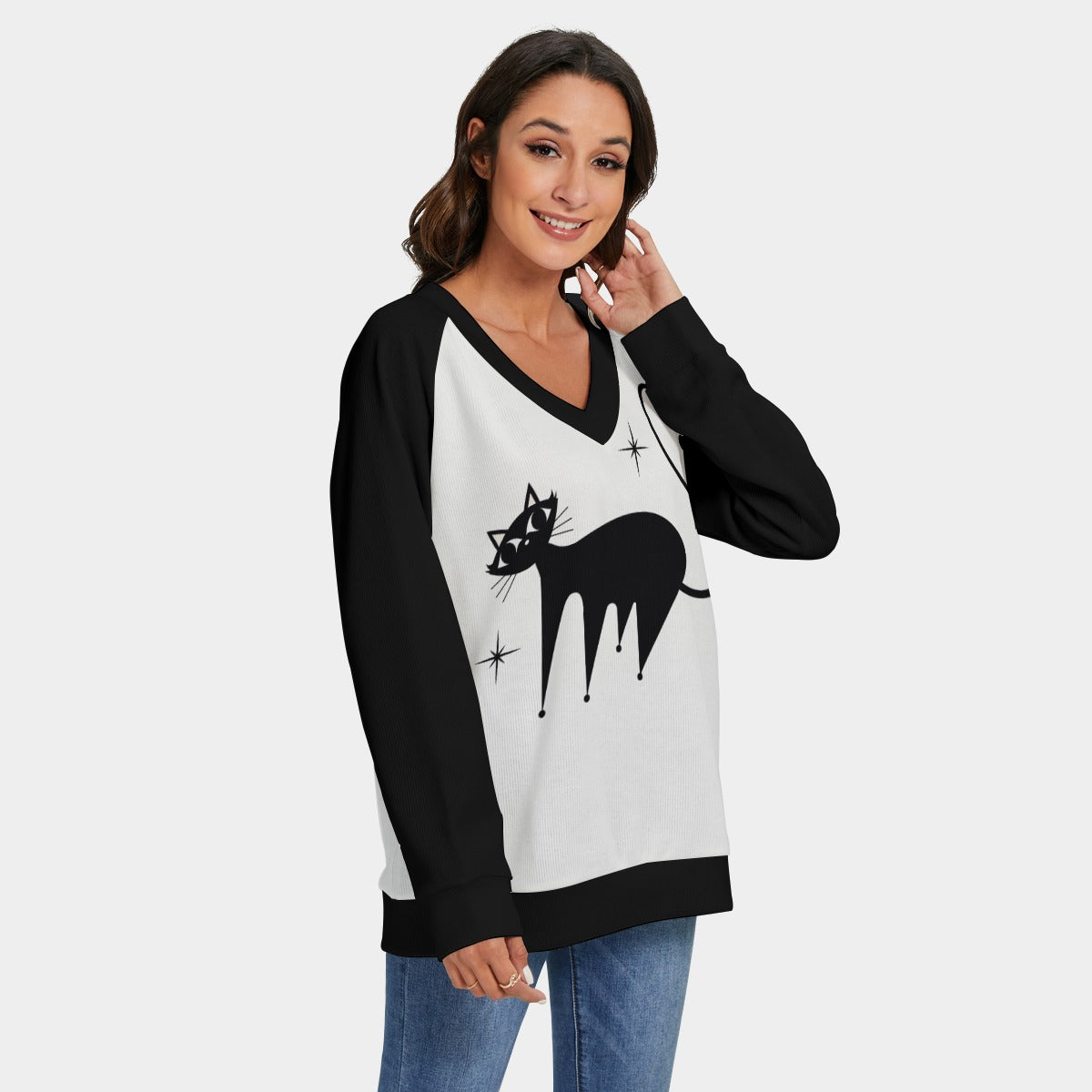 Black and White Cat Print Knit Sweater