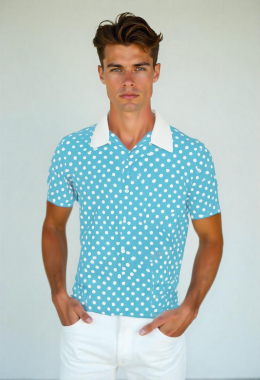 Men’s 50s Inspired Shirt | Retro Blue Polka Dot Shirt | 1950s Style Short Sleeve Button Down | Vintage Summer Shirt