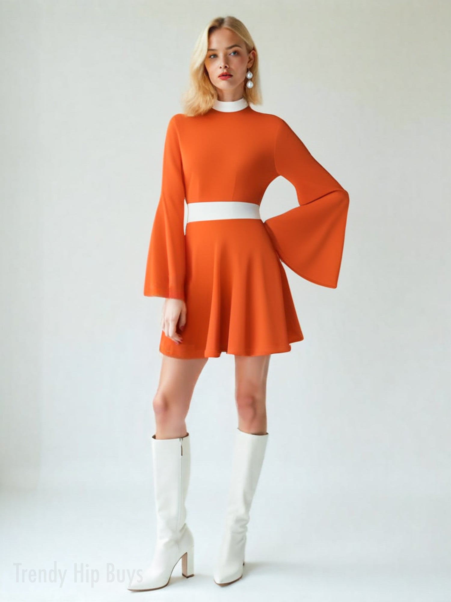 Orange Turtleneck mini dress, 70s retro orange bell sleeve dress, Aline mini dress
