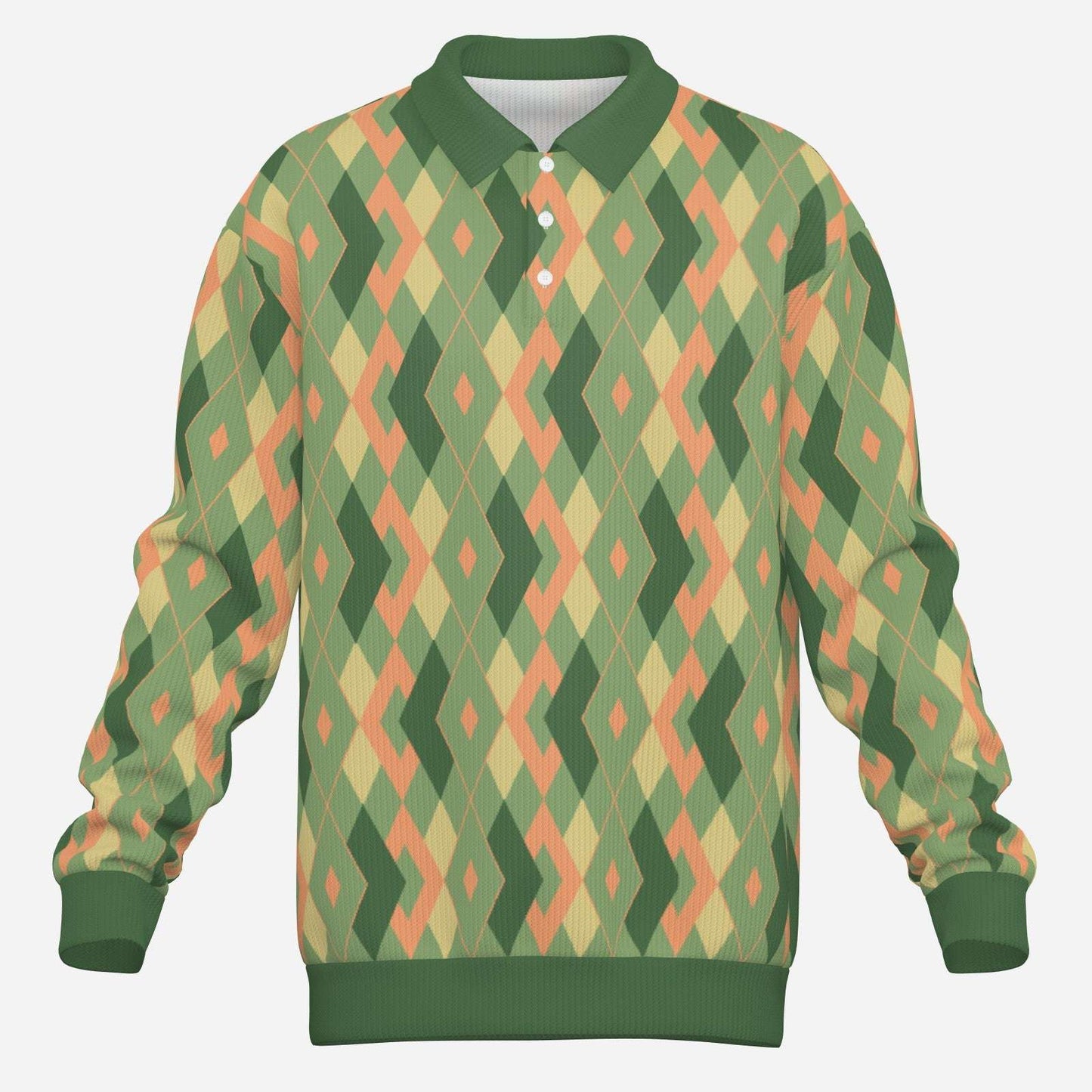 green retro polo shirt, long sleeve polo shirt, knit polo shirt