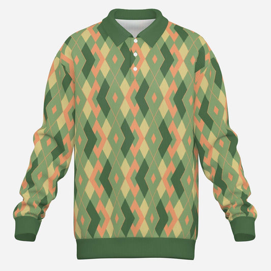 green retro polo shirt, long sleeve polo shirt, knit polo shirt