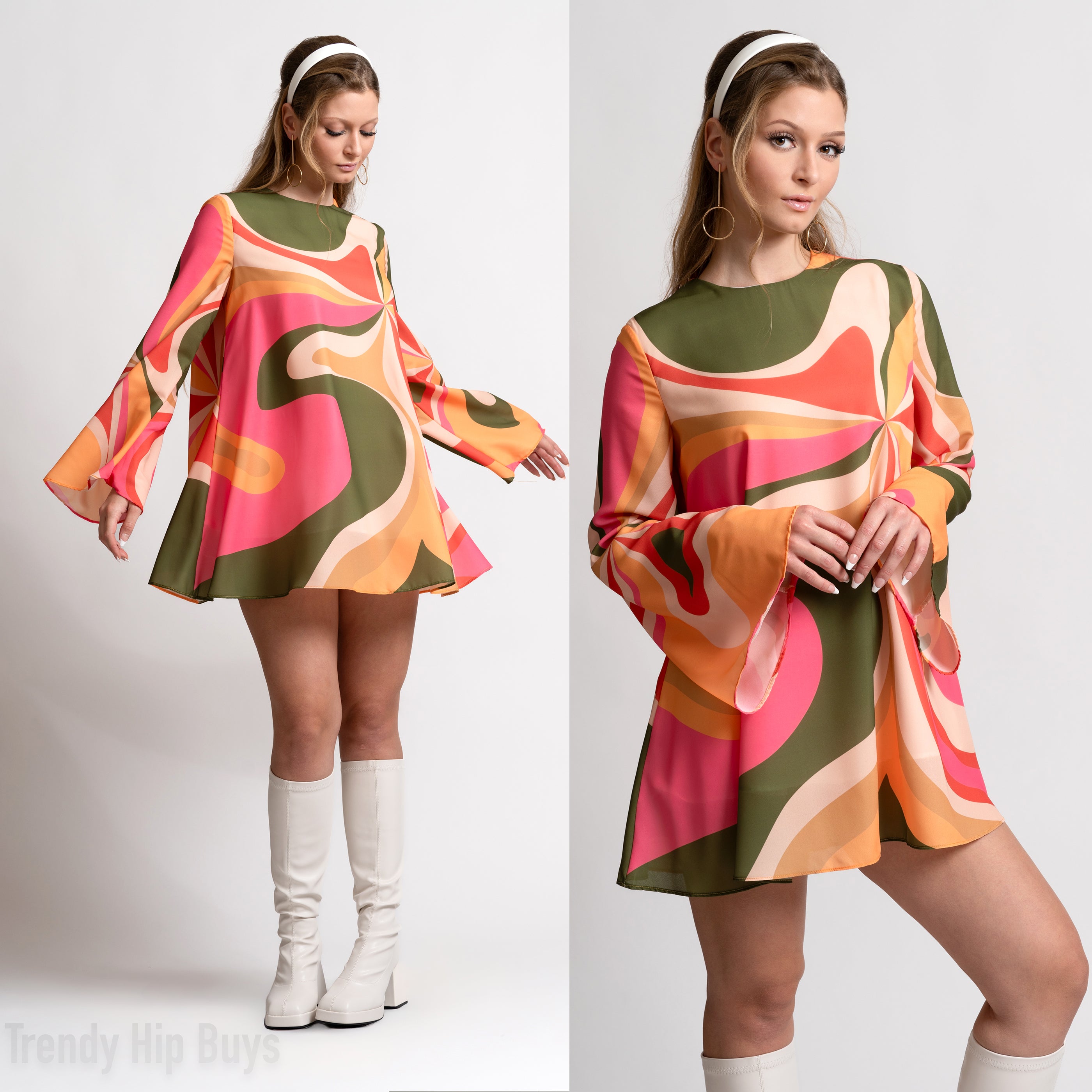 70s Dress Style, Bell Sleeve Dress, 70s mini dress, Boho Dress, Groovy