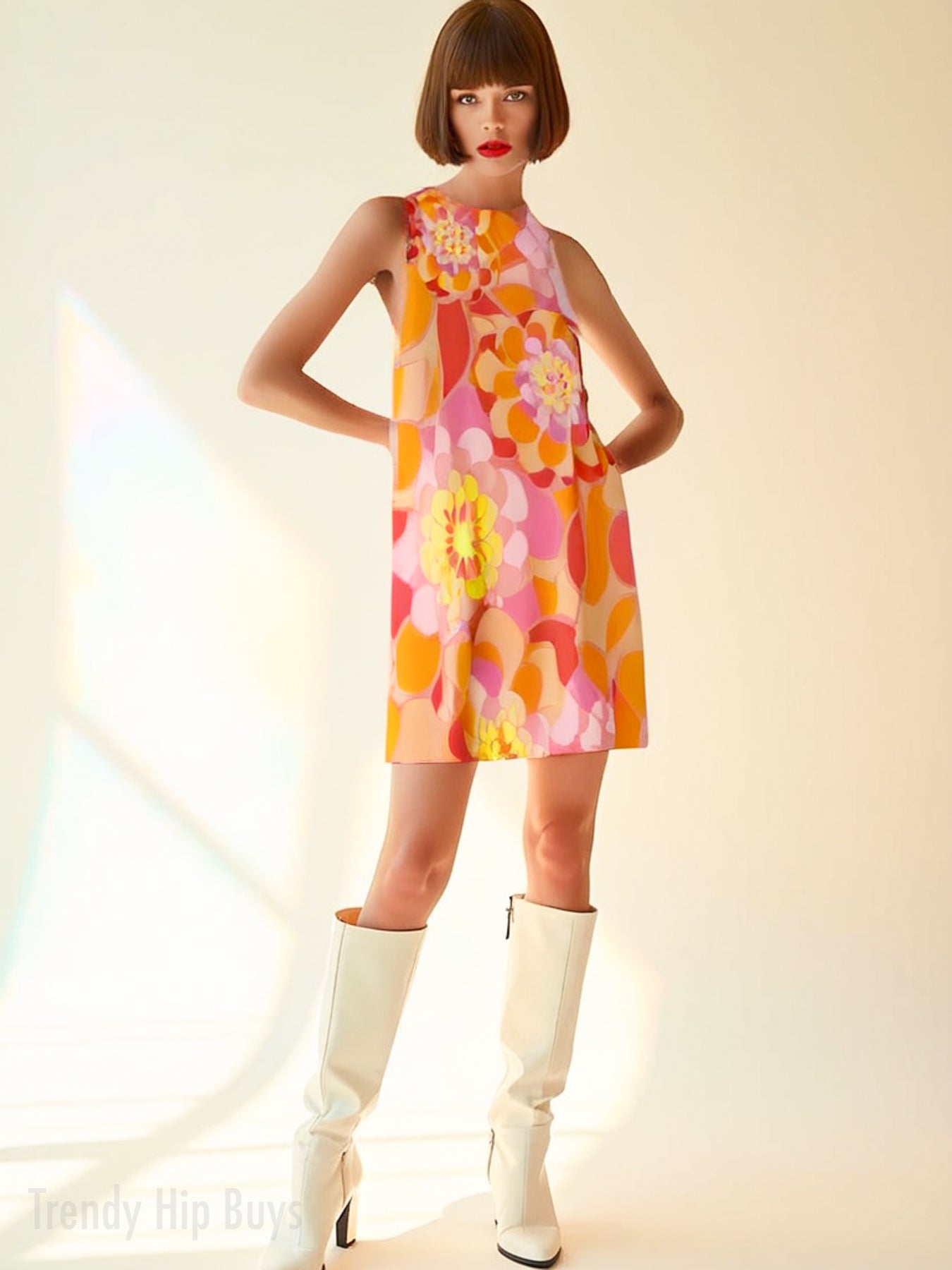 Retro Pink Mod Dress | 60s Style Tent Dress | Sleeveless Go-Go Mini Dress with Bold Floral Print