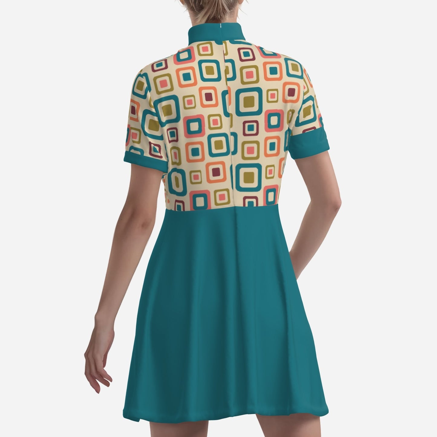 60s Geometric Mod Dress | Teal Turtleneck Mini Dress | Vintage A-Line Go-Go Dress | Space Age Dress