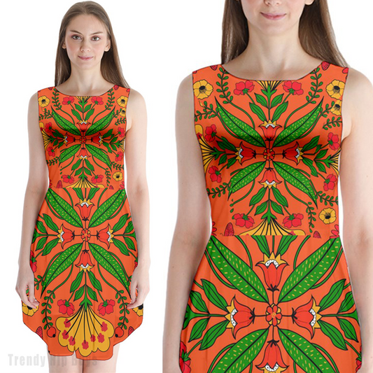 Orange Boho Dress, 70s Style Dress, Orange Floral Dress, Bohemian Style Dress, Orange Chiffon Dress, Sleeveless Dress, Elegant Dress