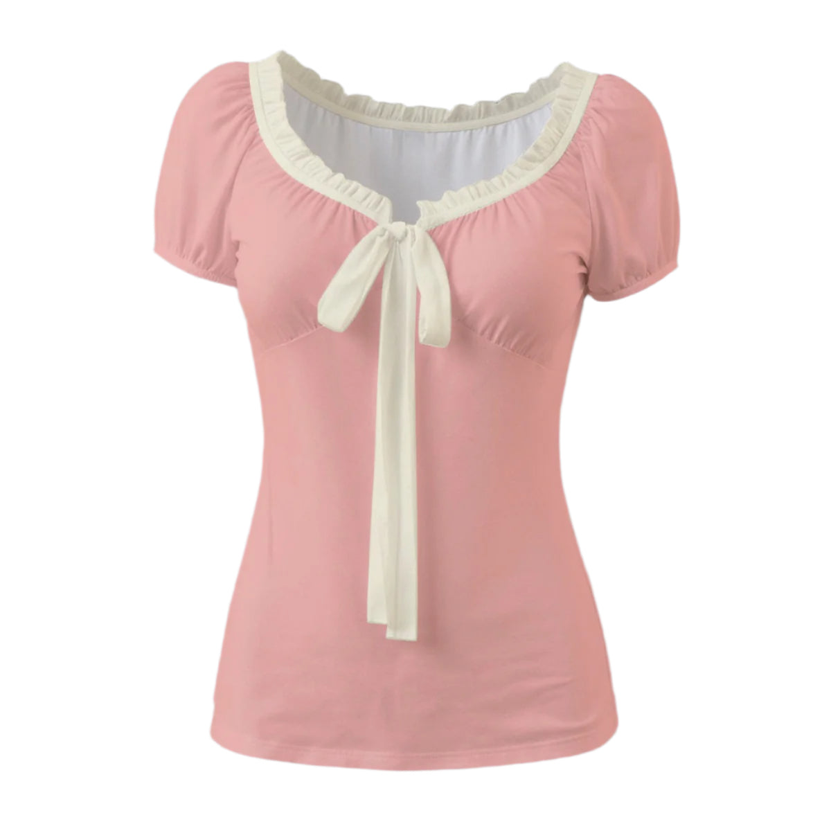 40s Style Pink Babydoll Blouse – Vintage Puff Sleeve Top | Pink Bow Tie Blouse for Women