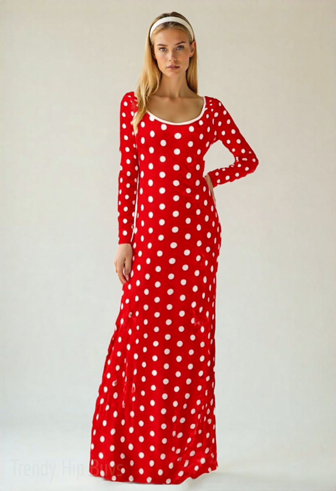 red polka dot dress long sleeve Maxi | Retro Red Velvet Holiday Dress | Maxi Dress Velvet A Line Dress priority-03-colettes-rose-emilia-georgette-ballerina-dress-moonshine Model is 510 and COLOR:Ivory/Blue Multi