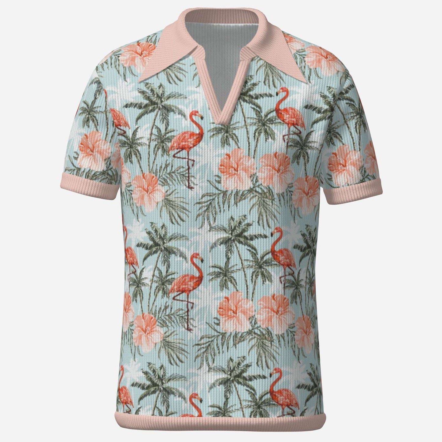 Retro Flamingo Tropical Knit Polo Shirt for Men | 70s Wing Collar Shirt | 70s Style Polo Shirt