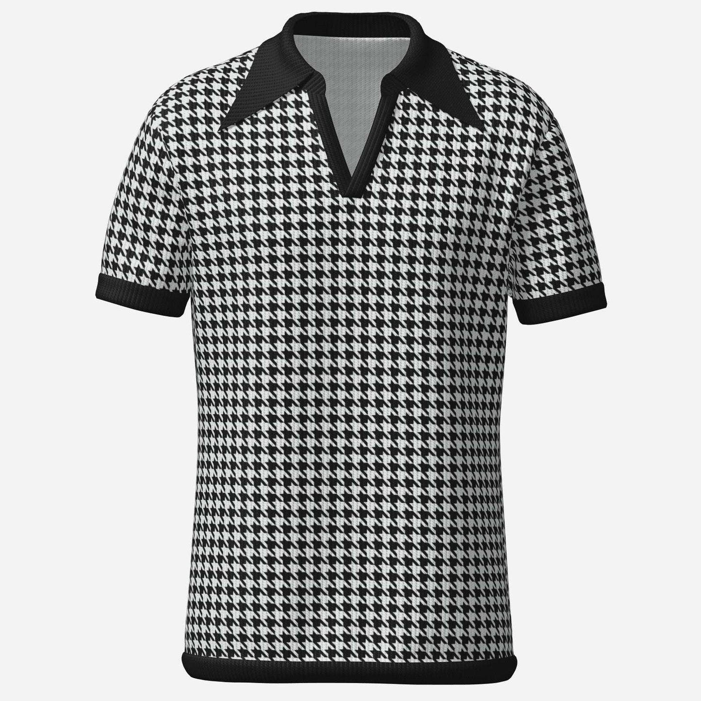 Retro Men's Houndstooth Knit Polo Shirt | 60s 70s Style Dagger Collar Shirt