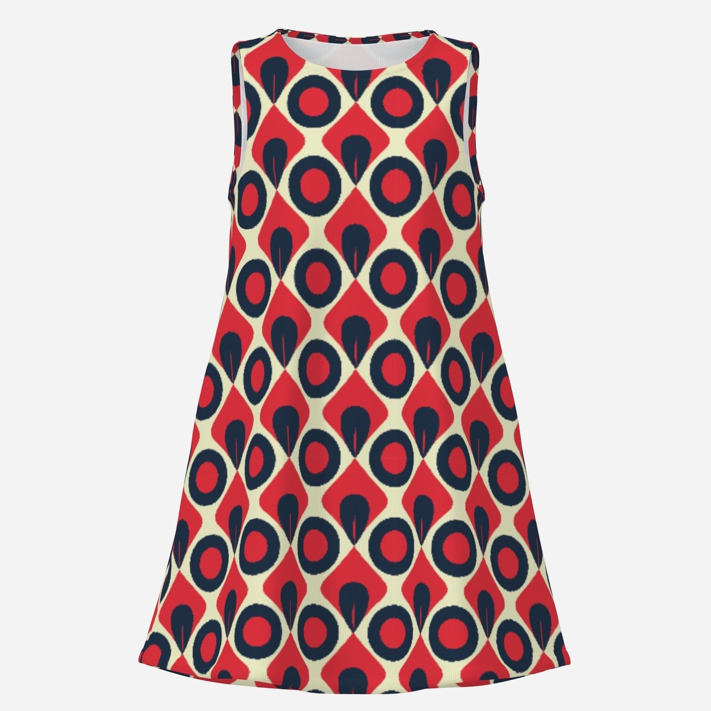 60s Dress Style | Op Art Geometric Red Blue Tent Mini Dress | Mod 60s Sleeveless Go Go Dress