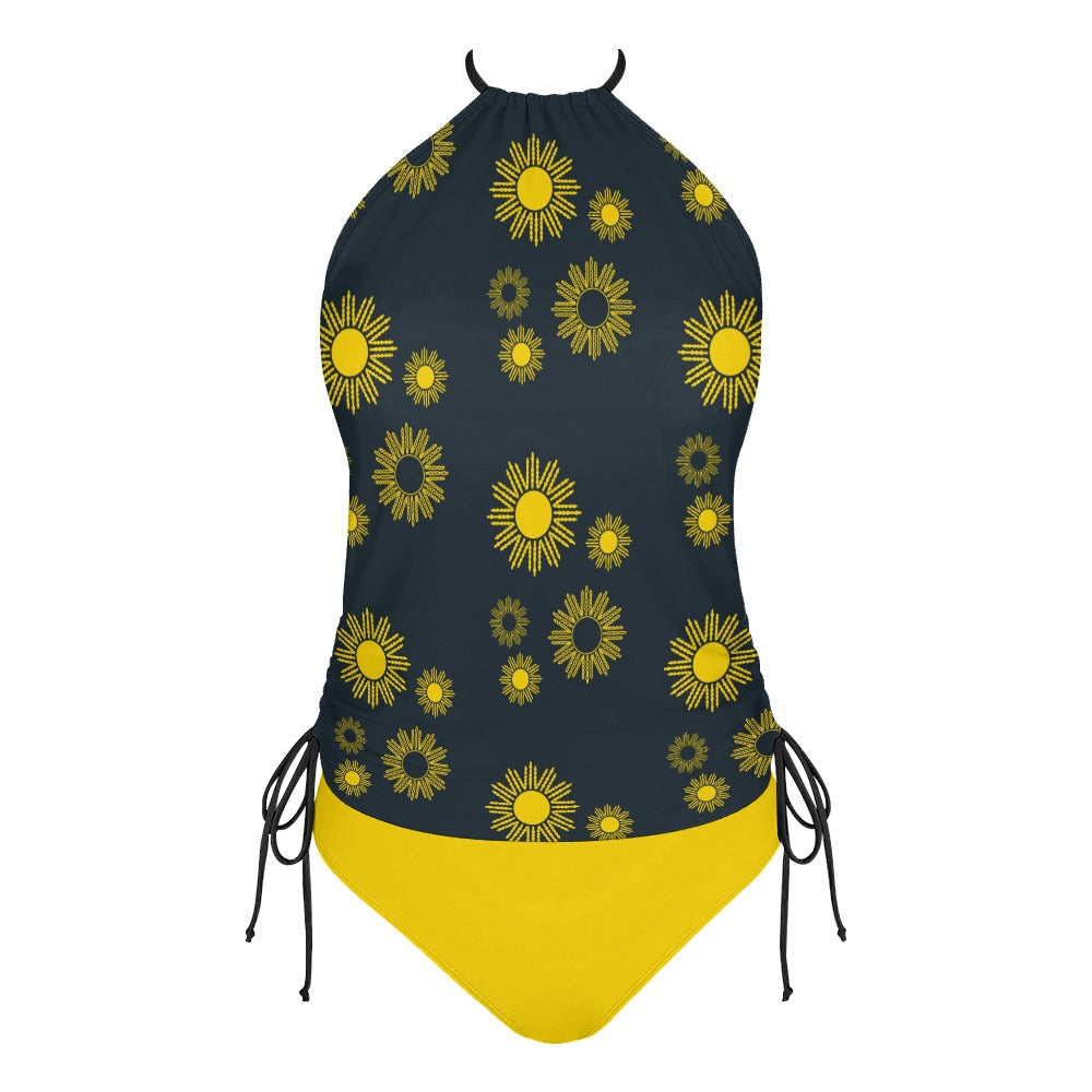 Retro Bikini, Gray Neon Yellow Tankini, Mod Halter Tankini, Mod Bikini, Floral Bikini Set