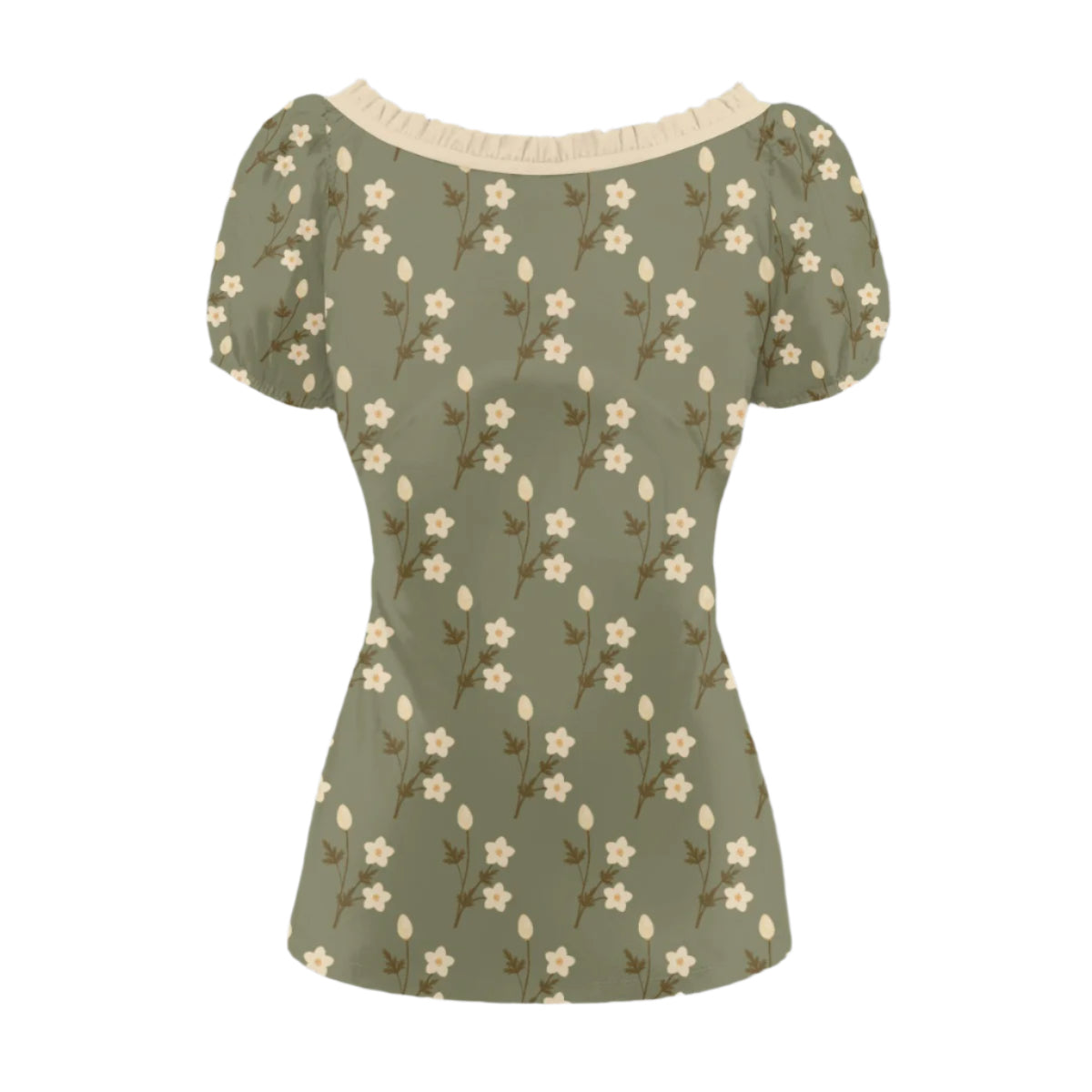 Olive Green Floral Babydoll Blouse – Vintage 40s Style Puff Sleeve Top | Beige Ruffle and Bow Tie Blouse for Women | Retro Floral Print Scoop Neck Shirt – Wrinkle Resistant, Easy-Care │ Women’s