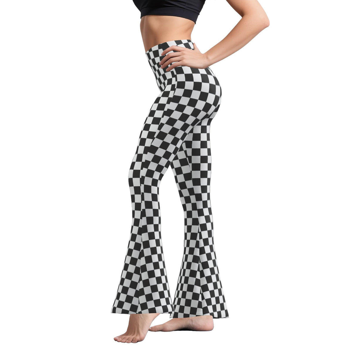 Retro 70s Checker Bell Bottom Pants | Black and White Wide Leg Yoga Pants | Vintage Flare Leggings