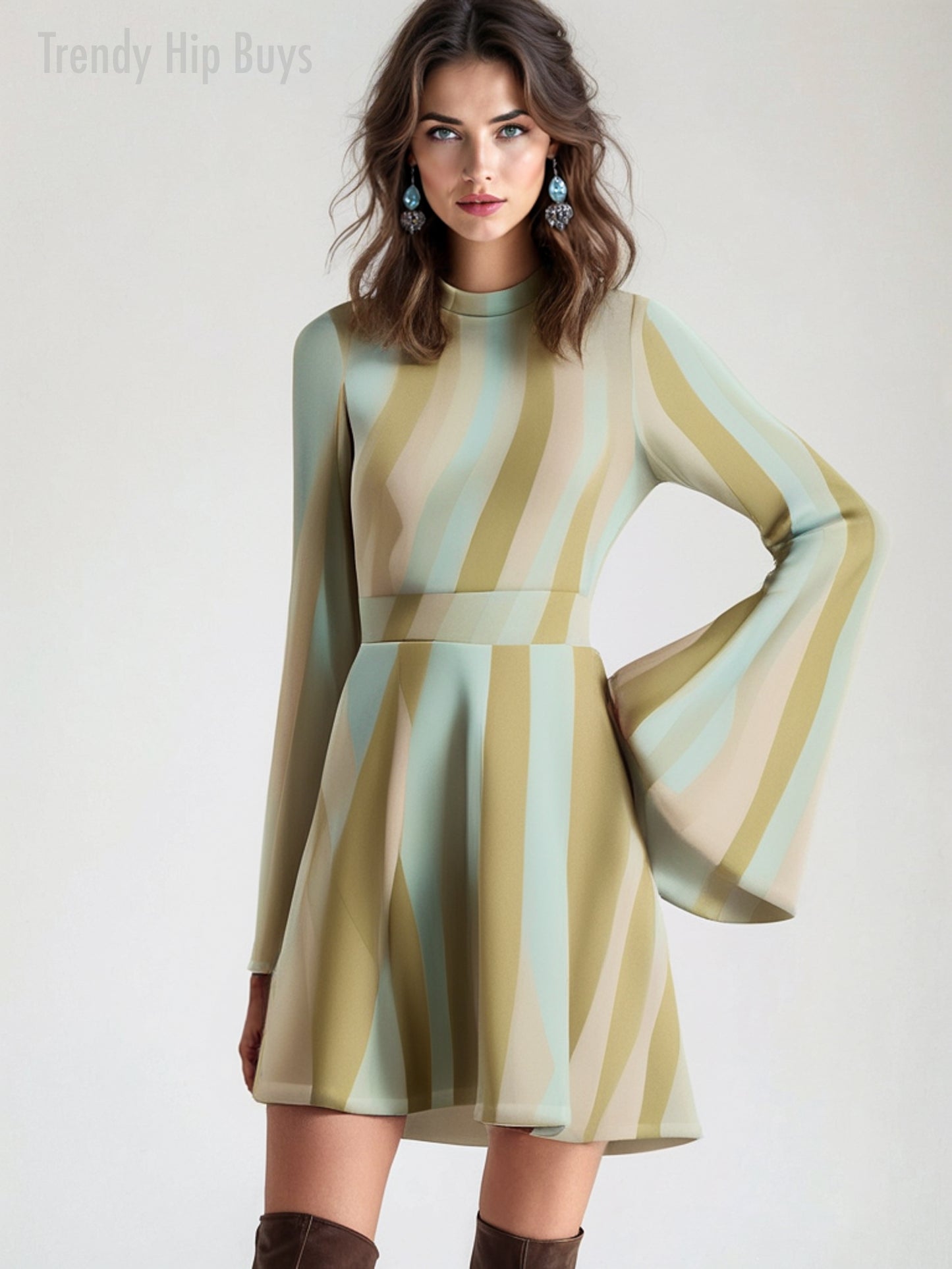 Green Boho 70s Dress Style | Green Pink Stripe Mini Dress | Retro Bell Sleeve Dress | Chiffon A-Line Dress