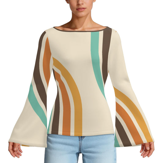 70s Beige Bell Sleeve Top | Groovy Stripe Hippie Blouse | Retro Long Sleeve T-Shirt Women