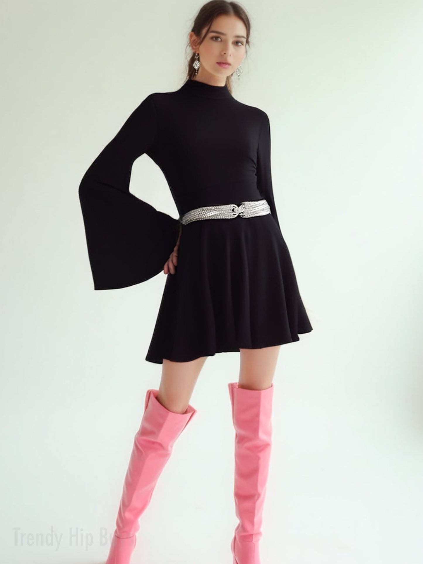70s Dress Style | Vintage 70s Chiffon Dresses | Retro Black Bell Sleeve Dress | A-Line 70s Mini Dresses